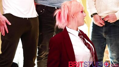 Pink-haired Schoolgirl Blows A Room Full Of Guys