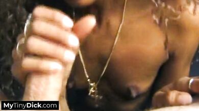 Skinny hot black babe sucking on a small white dick