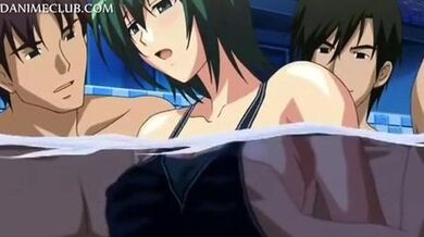 Three horny studs fucking a cute hentai girl under water