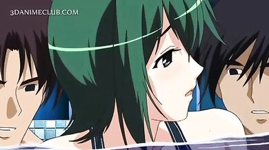 Three horny studs fucking a cute hentai girl under water