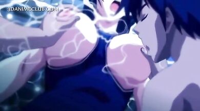 Three horny studs fucking a cute hentai girl under water