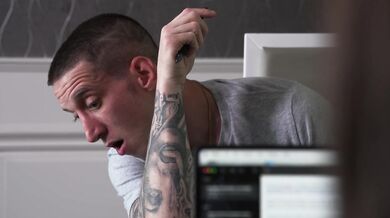 He makes sure to cover every inch of one foot before moving to the other, delivering the same treatment as his cock gets hard