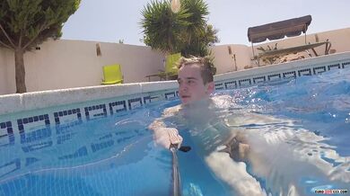 Horny Gay Rubs His Hard Cock In The Pool
