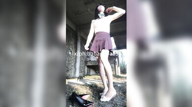 sissy in white hollow top peeing by the river