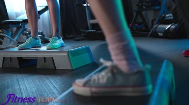 Fitness Rooms Small tits blondes fight over big dick Spanish and Czech babes hardcore threesome POV double blowjob