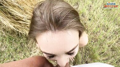 Beautiful bitch in a yellow dress began to suck dick and fuck in the hayloft