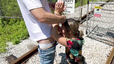 Tied up wife takes double creampie in public from husband and friend