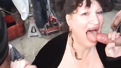 Large breasted mature taken by two guys