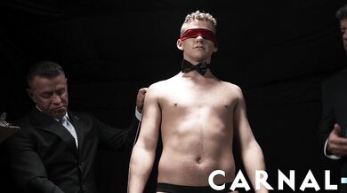 Suited gay face fucks moaning twink sub