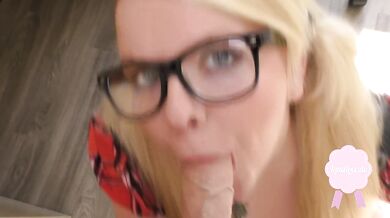 Cute blond girl gets fucked in school uniform big cumshot on her glasses!!!