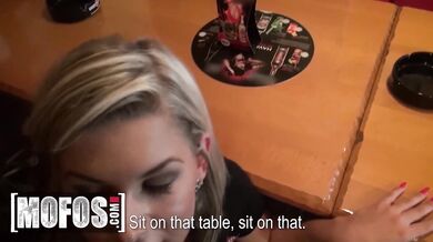 MOFOS - Kinky Blonde Barmaid Rihanna Samuel Sucks A Customer's Dick Behind The Bar