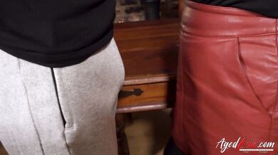 HE massages the sexy, full boobs and pushes the skirt down. Enjoy more on Oldnanny