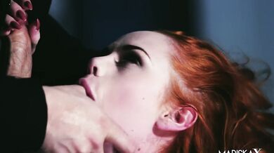 Beautiful petite redhead in stockings rides a big dick