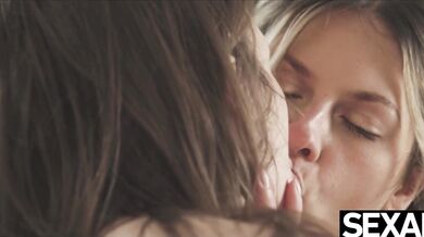 Big breasts jiggling as they grind their pussies in scissors