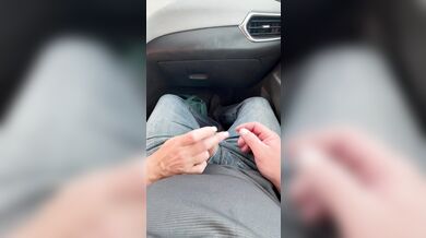 Playing with his nice cock in the car