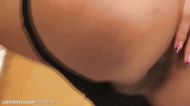 asian shemale in tight outfit plays with her small dick