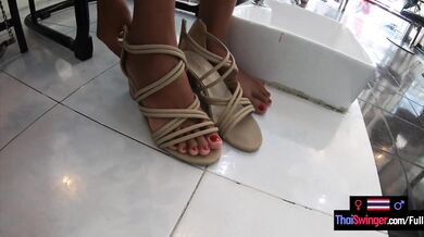 Pedicure for the Asian teen girlfriend and a footjob by her afterwards