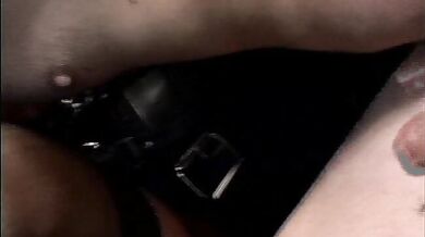 Horny man sucks a big strapon before getting tight ass pegged by his mistress