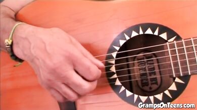 Schoolgirl sucks old man off in dirty trio