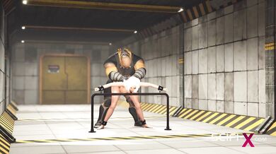 Passionate sex in the bunker. Sci-fi soldier fucks a hot woman in restraints