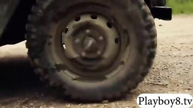 Huge boobs babes frisky fishing in nude and driving tanks