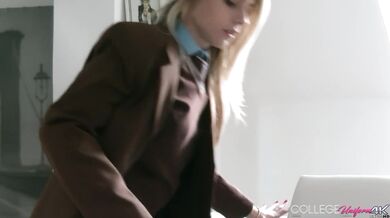 Skinny Blonde College Girl Chloe Toy Rubs Her Shaved Pussy On Her Couch!