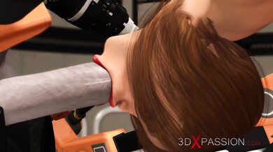 Fuck machine & crazy sex. Male android plays with a horny girl in restraints