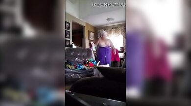 Grandma Chrissy shows her boobs in the front room