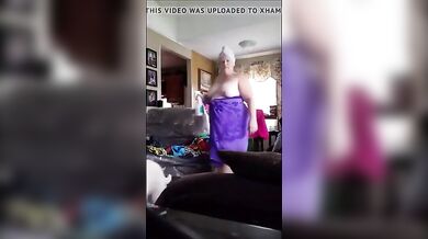 Grandma Chrissy shows her boobs in the front room