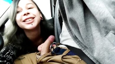 Highway Head - little horny Cocksucker gives Blowjob in Car while driving