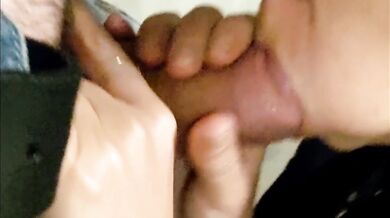 Blowjob swallows the cum in a public parking