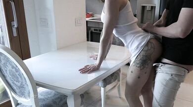 Babe Gets Fucked on the Kitchen Table. Her Tight Pussy makes me Cum so Fast