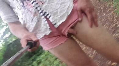 Femboy exhibitionist walks naked, pees, golden shower, shows ass hole