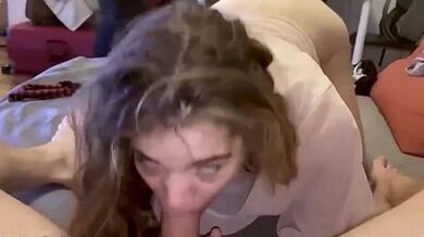 Cute faced teen sucks cock while drilled by BBC