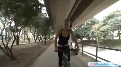 Busty fit teen slut cycles around town
