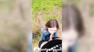 Brunette babe loves sucking my cock outside