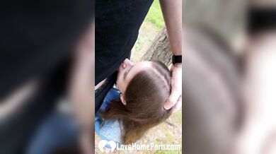 Brunette babe loves sucking my cock outside