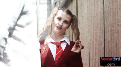 College uniform voyeur teases outdoor