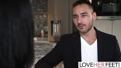 Overcome with desire, he takes off her sandals while savoring the heavenly scent of Roxie's smelly feet.