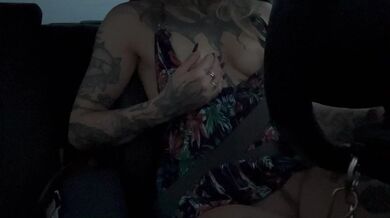 I can't keep my hands off myself. hot tattooed woman spontaneously in the car