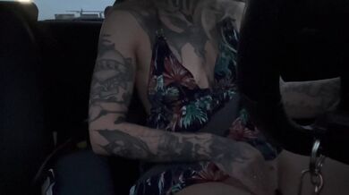 I can't keep my hands off myself. hot tattooed woman spontaneously in the car