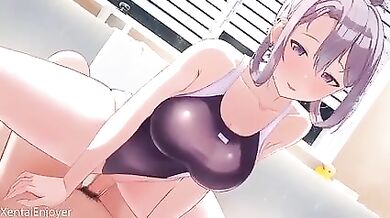 New step sister in swimsuit sits on her brother happiness double room