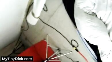 Big tits black woman playing with her pussy before sucking a small cock