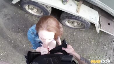 Fake Cop - Uniformed cop picks up redhead and fucks her outdoors