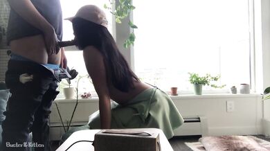 Hot neighbor girl gives blowjob in front of window