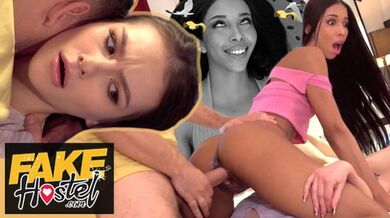 Fake Hostel - sexy cheating lesbian gets off on a creampie before her girlfriend gets one starting a threesome!