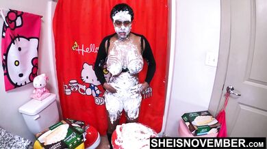 I Splash And Squat My Shaved Pussy Into Banana Cream Pies During Splosh, Gigantic Breasts And Huge Brown Areolas Bouncing