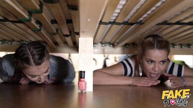Fake Hostel - the classic girls Stuck Under A Bed with Cherry Kiss and Katy Rose fucked doggystyle