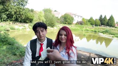 VIP4K. Sexy redhead Miss Olivia showed her red lingerie and fucked in public in front of her BF