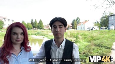 VIP4K. Sexy redhead Miss Olivia showed her red lingerie and fucked in public in front of her BF